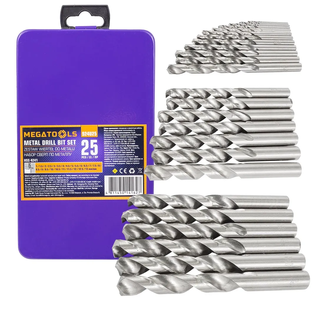 Набор сверл по металлу HSS 4241,25пр(1-13мм, шаг 0.5мм), в метал. футляре