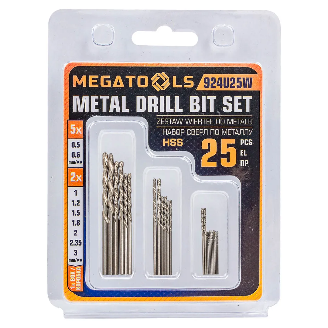 Сверла по металлу, набор 25пр.(0.5-5шт,0.6-5шт,1, 1.2, 1.5, 1.8, 2, 2.35, 3мм по 2шт)