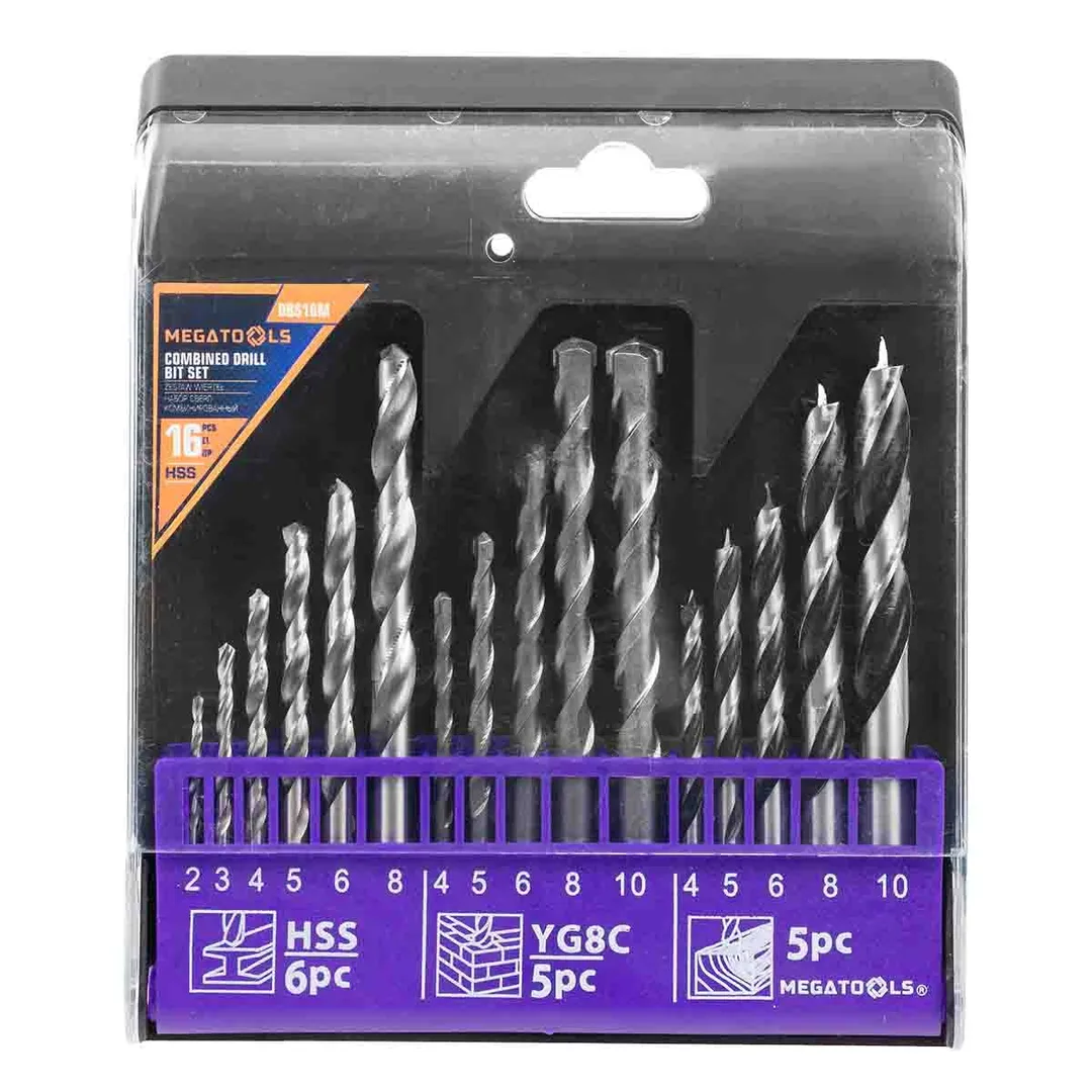 Сверла, набор комбинированный 16пр. (по металлу: 2-6, 8мм, по бетону: 4-6, 8, 10мм, по дереву: 4-6, 8, 10мм)