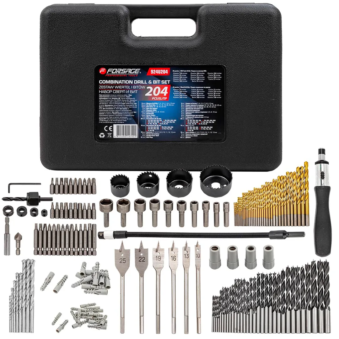 Набор сверл и бит 204пр. в раскладном кейсе