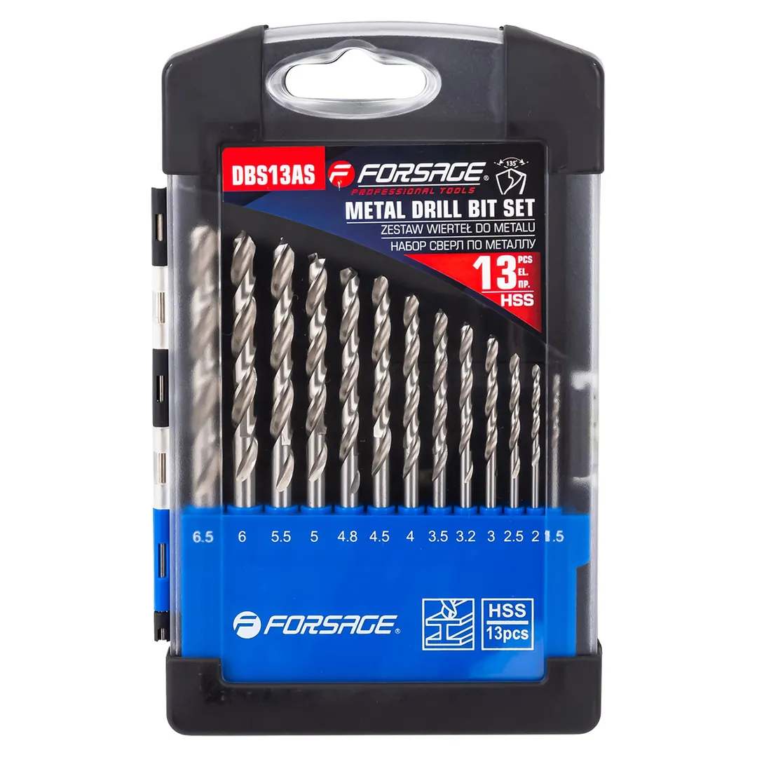 Набор сверл по металлу HSS, 13пр.(1.5/2/2.5/3/3.2/3.5/4/4.5/4.8/5/5.5/6/6.5мм), в пластиковом футляре