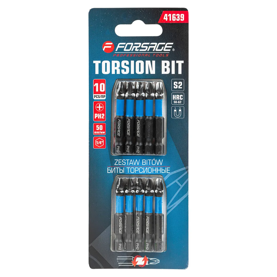 Биты торсионные магнитные крестовые РН2х50мм, 1/4»(10шт.), в блистере