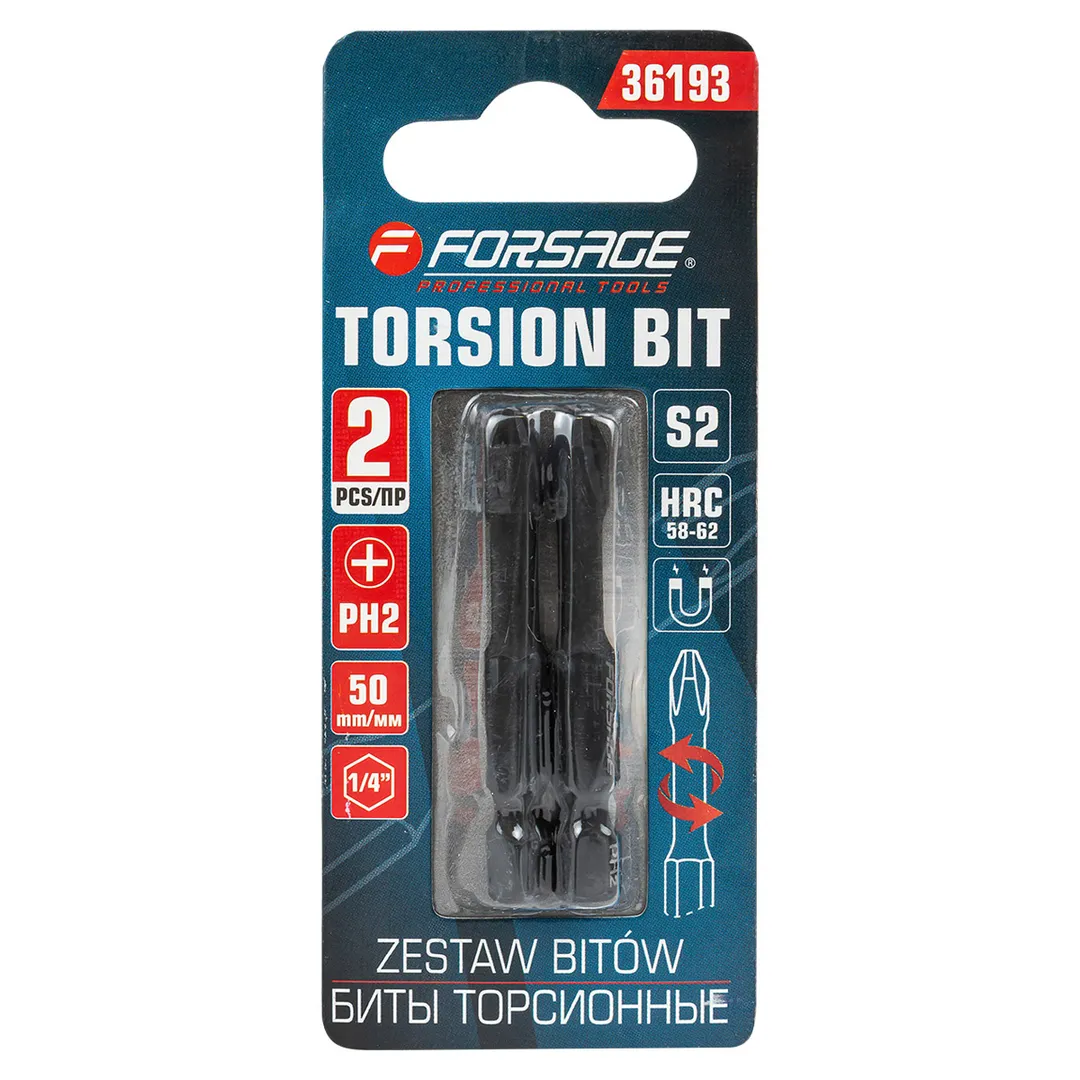 Биты торсионные магнитные крестовые РН2х50мм, 1/4»(2шт.), в блистере