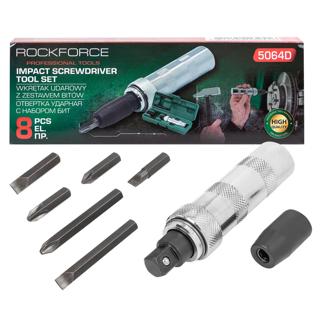 Отвертка ударная с набором бит и адаптером 8пр.1/2»(F)х5/16»(F)(PH2,3х36мм, SL7,8х36мм, PH3х70мм, SL8х70мм),в кейсе
