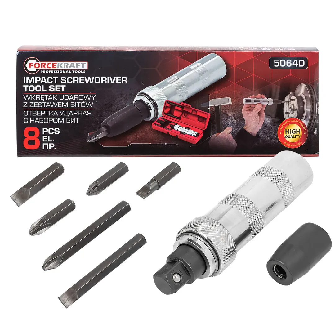 Отвертка ударная с набором бит и адаптером 8пр.1/2»(F)х5/16»(F)(PH2,3х36мм, SL7,8х36мм, PH3х70мм, SL8х70мм),в кейсе