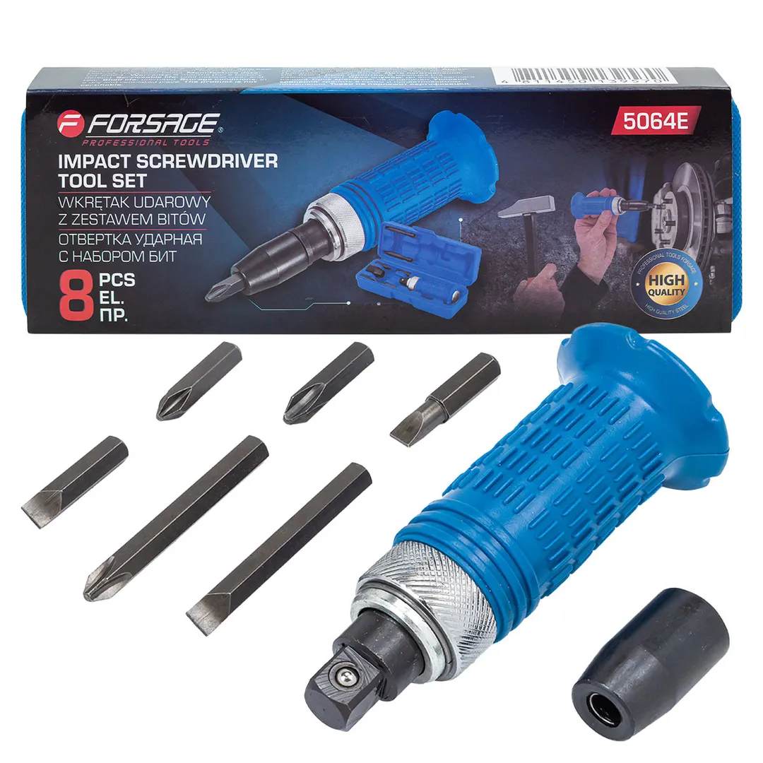Отвертка ударная с набором бит, 8пр.