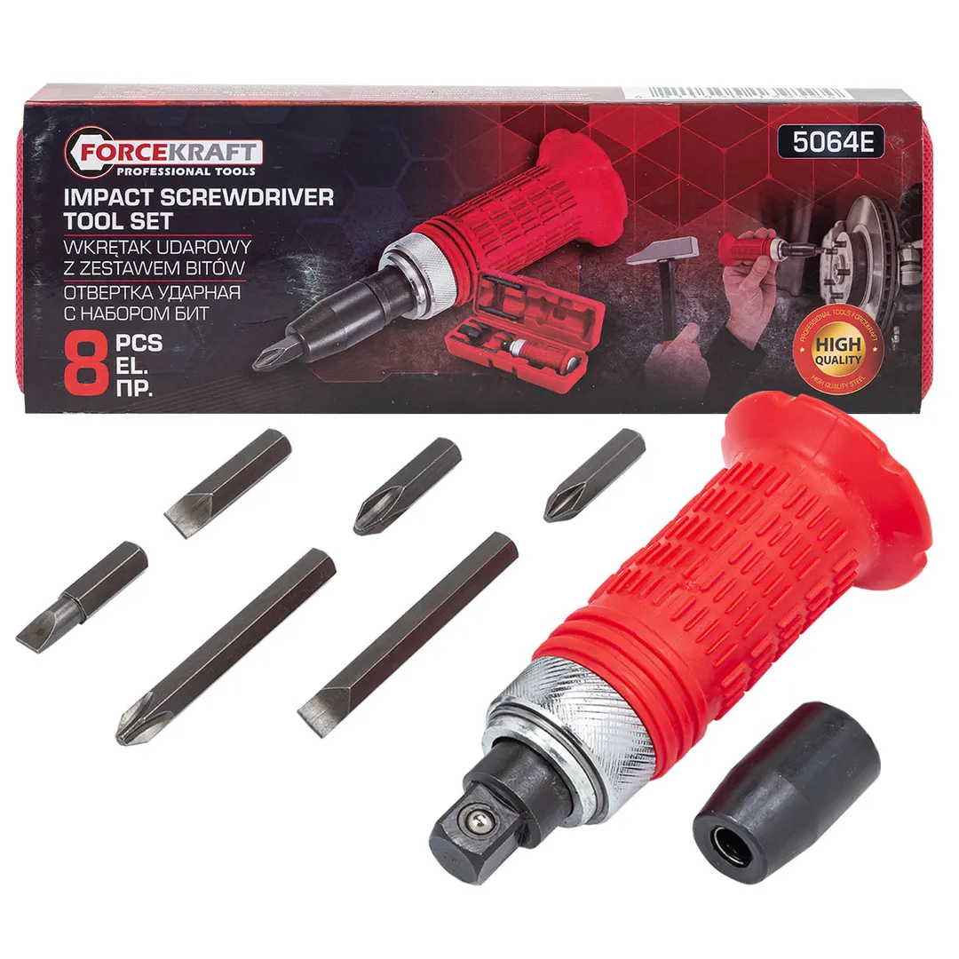 Отвертка ударная с набором бит, адаптером и защитной рукояткой 8пр.1/2»(F)х5/16»(F)(PH2,3х36мм, SL7,8х36мм, PH3х70мм, SL8х70мм),в кейсе