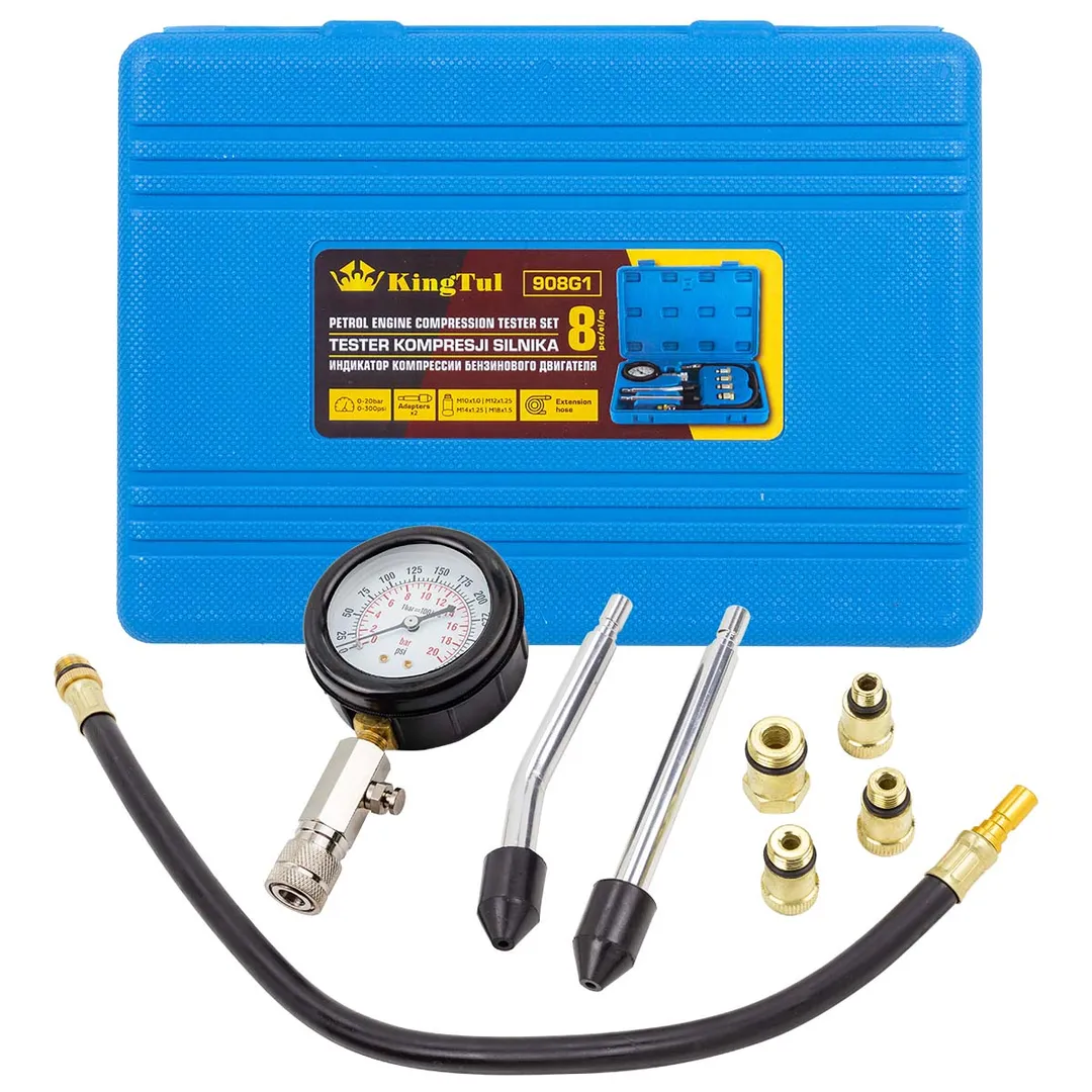 Индикатор компрессии бензинового двигателя 8пр.(0-20Bar, М10х1.0, М12х1.25, М14х1.25, М18х1.5 + 2 жестких прижимных адаптера-переходника),в кейсе
