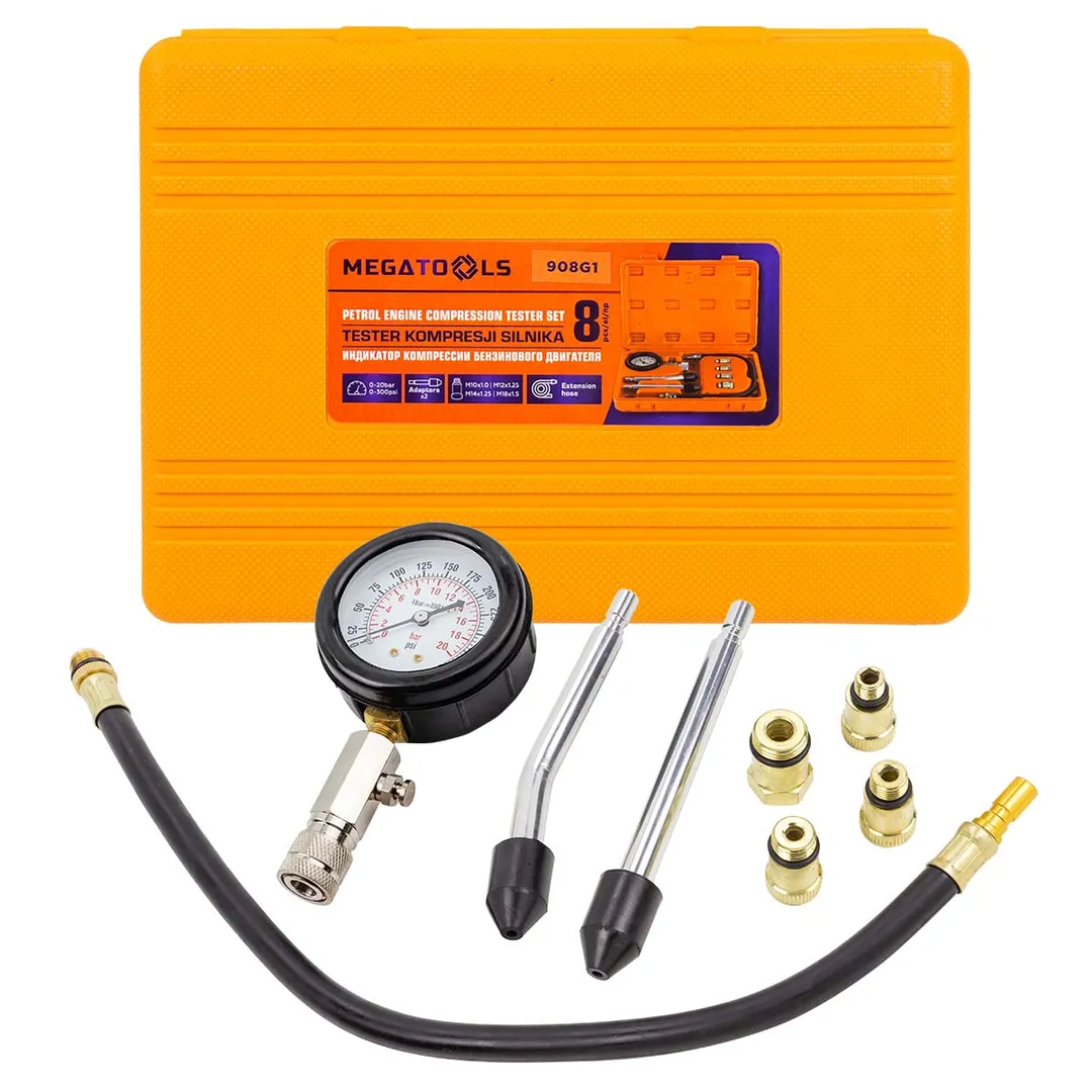 Индикатор компрессии бензинового двигателя 8пр.(0-20Bar, М10х1.0, М12х1.25, М14х1.25, М18х1.5 + 2 жестких прижимных адаптера-переходника),в кейсе