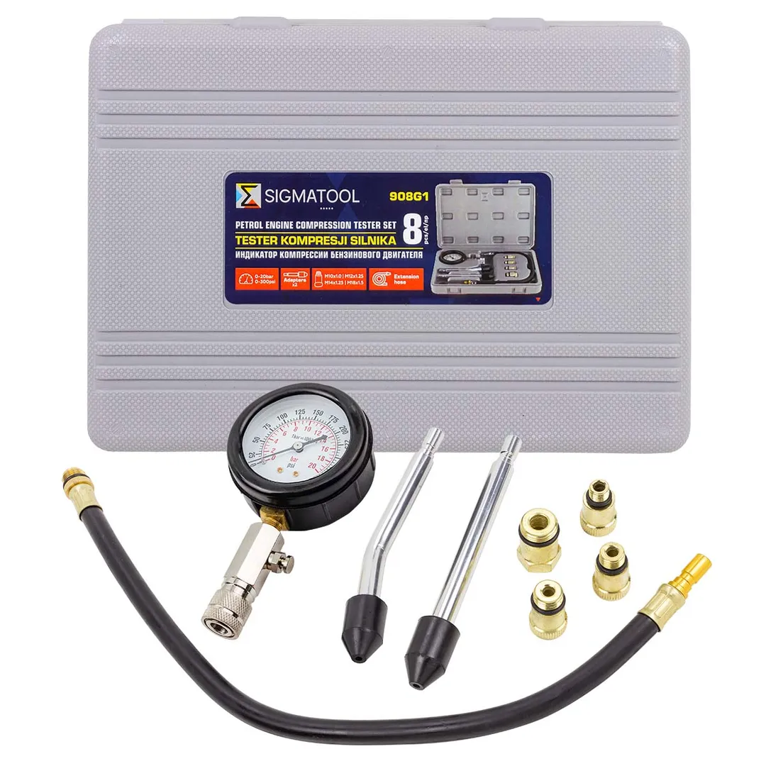 Индикатор компрессии бензинового двигателя 8пр.(0-20Bar, М10х1.0, М12х1.25, М14х1.25, М18х1.5 + 2 жестких прижимных адаптера-переходника),в кейсе
