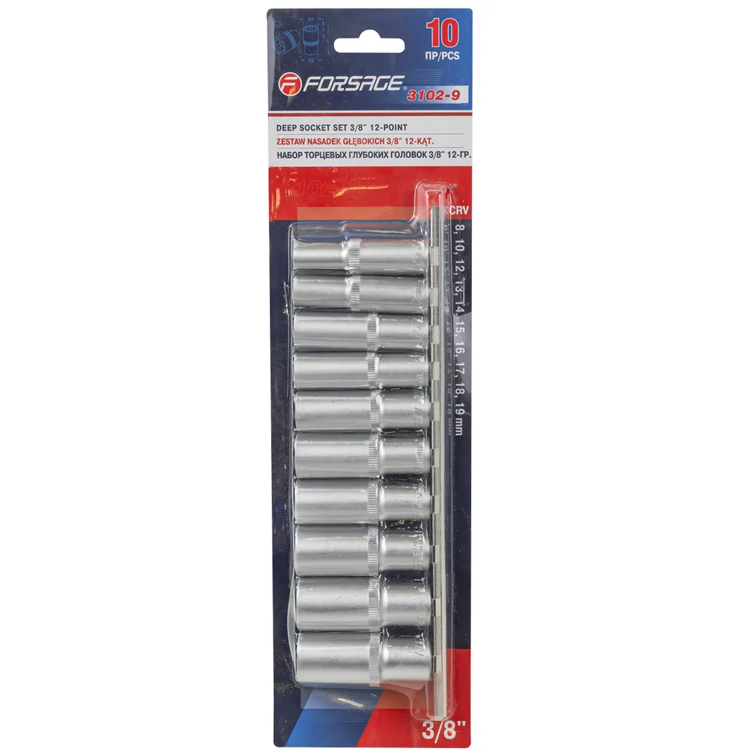 Набор головок глубоких 10пр. 3/8»(12гр.)(8,10,12-19мм.) на планке
