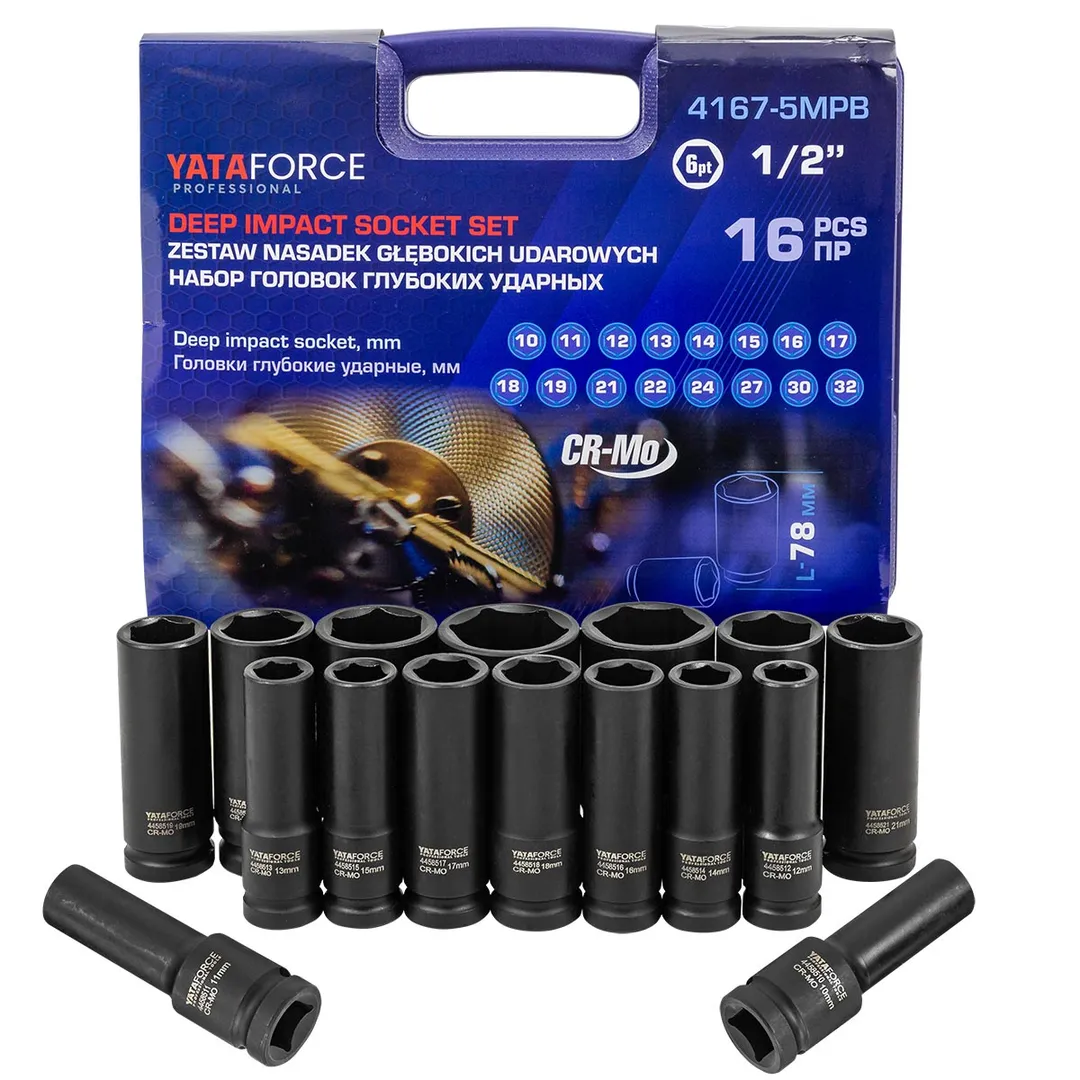 Набор головок ударных глубоких 16пр. 1/2» (6-гр.)(10-19,21,22,24,27,30,32мм)в кейсе