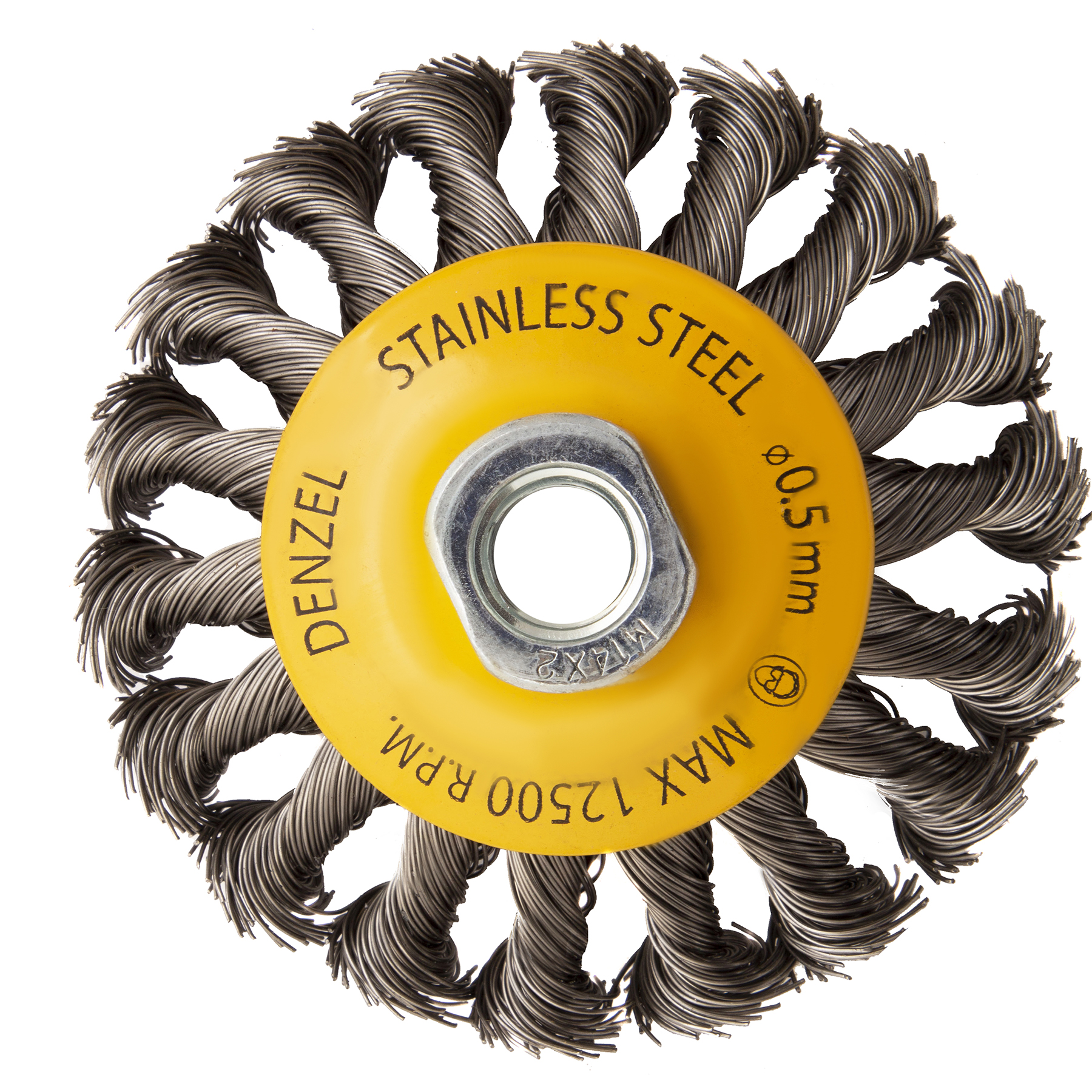 Щетка для УШМ, 100 мм, «Тарелка», крученая нержавеющая проволока 0.5 мм, М14 Denzel