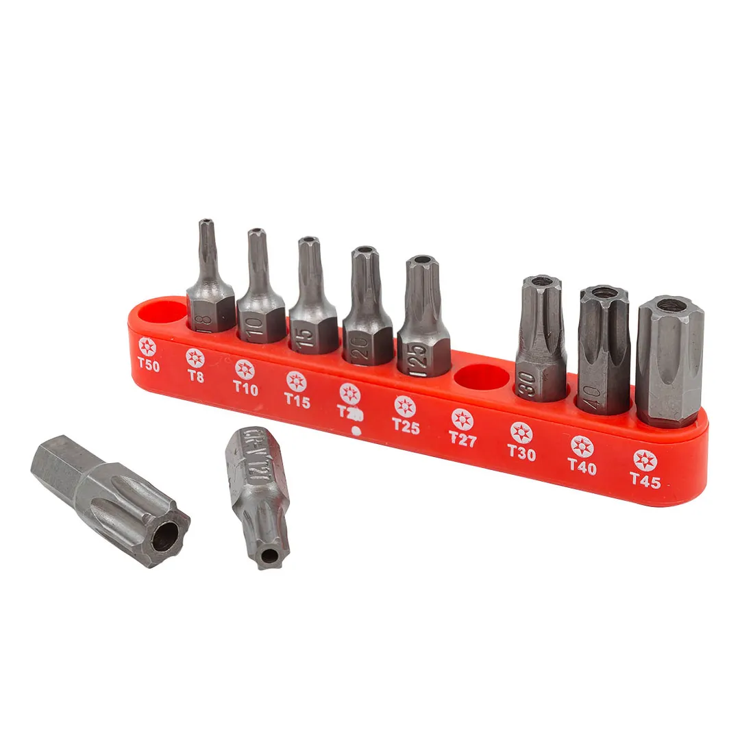 Набор бит TORX с отверстием 10пр. 1/4»(TН 7,8,9,10,15,20,25,27,30,40-25мм),в блистере