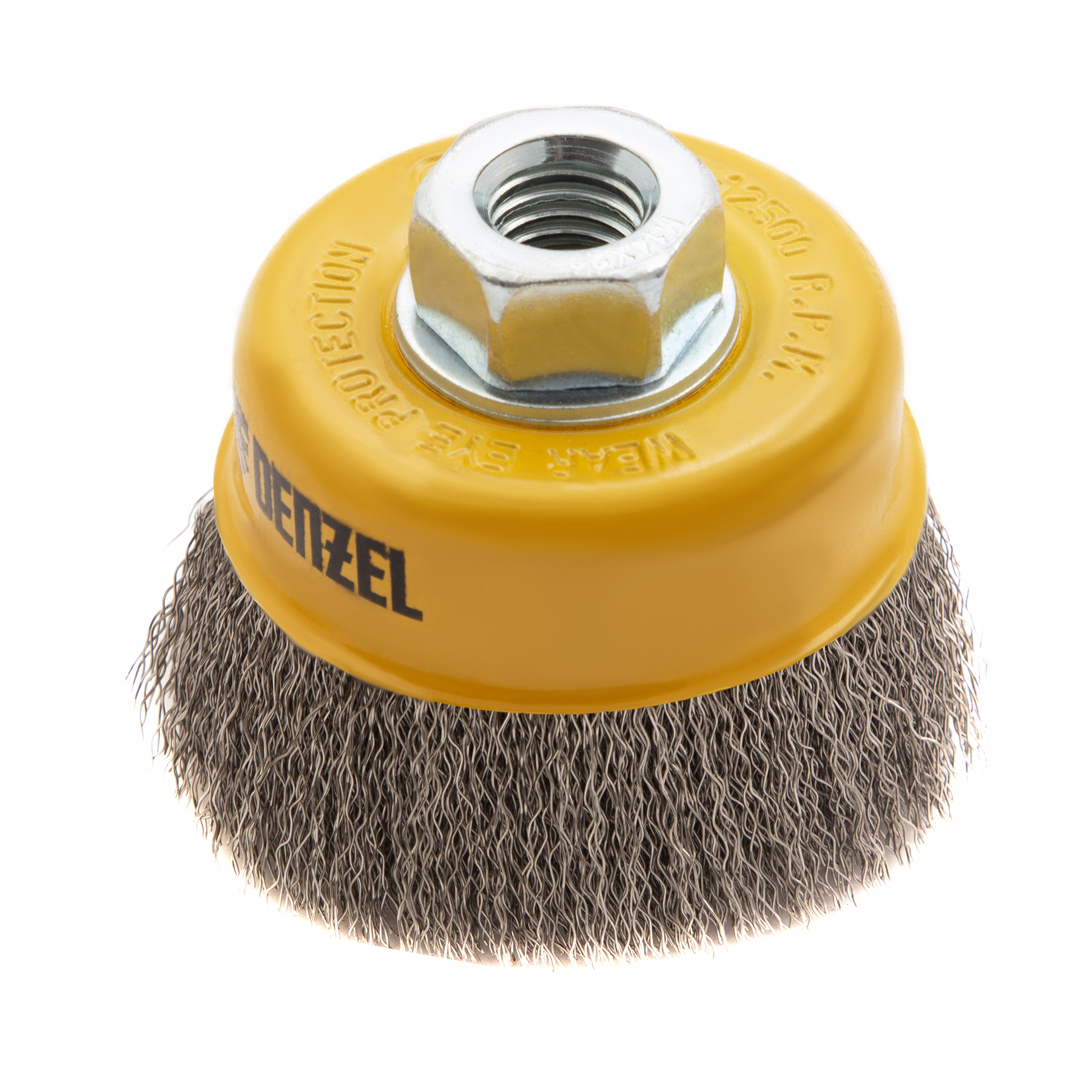 Щетка для УШМ, 75 мм, «Чашка», витая нержавеющая проволока 0.3 мм, М14 Denzel