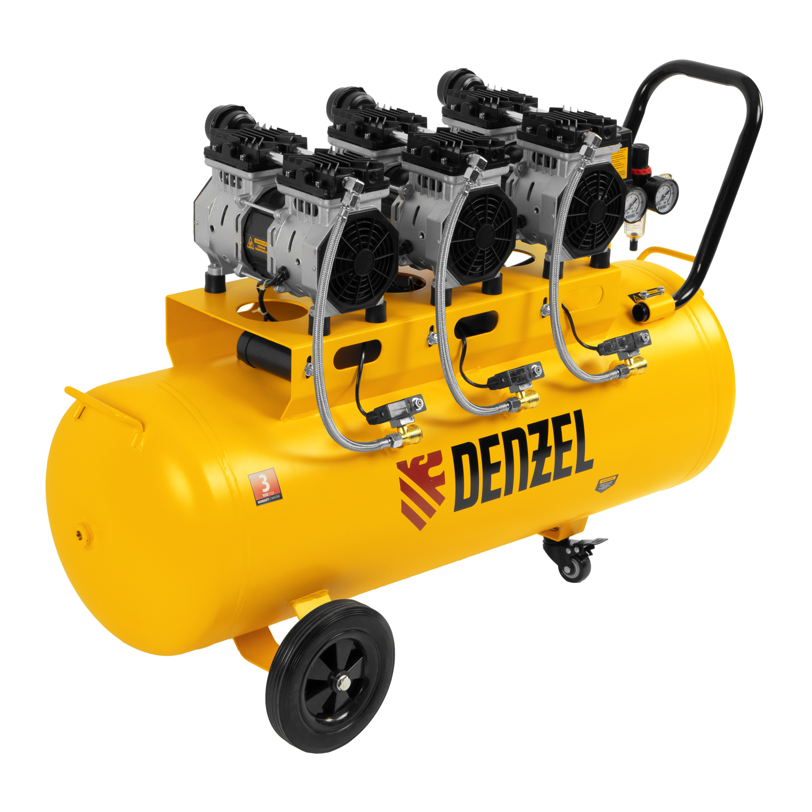 Компрессор безмасляный, малошумный DLS 1800/100,1800 Вт, 3×600, 100 л, 345 л/мин Denzel