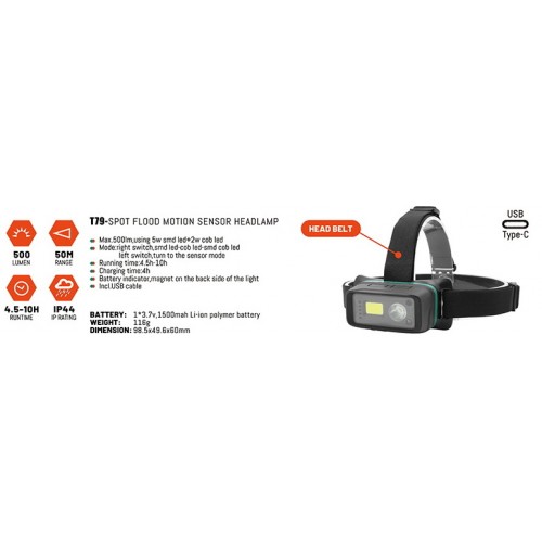 Фонарь налобный светодиодный 500lm, 5+2W, 50M, 3.7V, 1500mAh, IP44, Type-C, съемный "H-D"