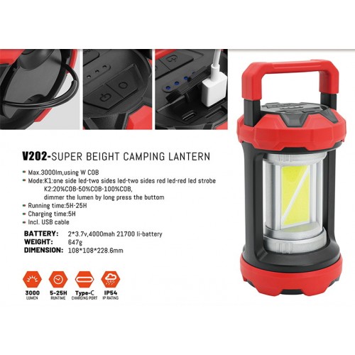 Фонарь светодиодный CAMPING 3000lm, 2*3.7V, 4000mAh, IP54, Type-C "H-D"