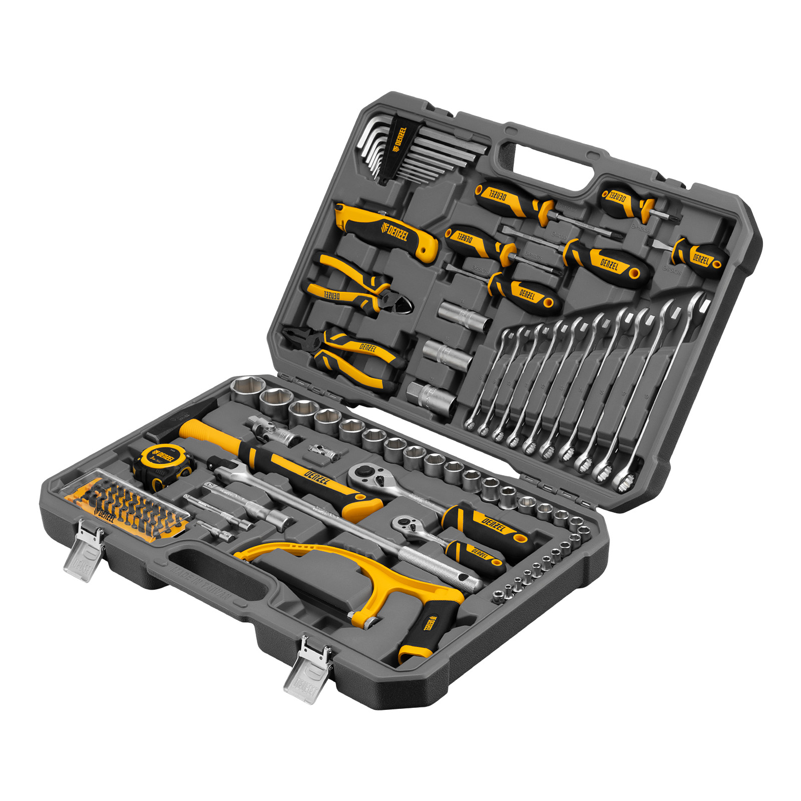 Набор инструментов, 1/2″, 1/4″, CrV, S2, пластиковый кейс, 100 предметов Denzel
