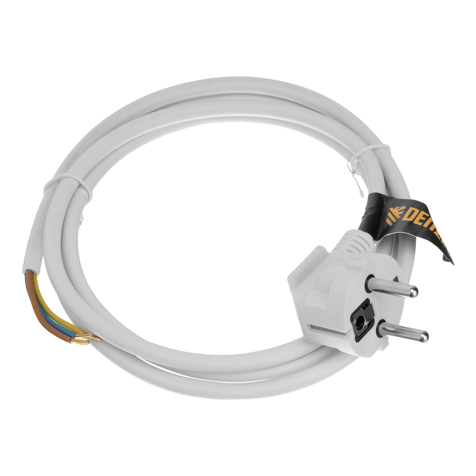 Шнур сетевой Energy Series, ПВС, 1,5 м, 3 x 1 мм, с неразборной вилкой, белый, Denzel