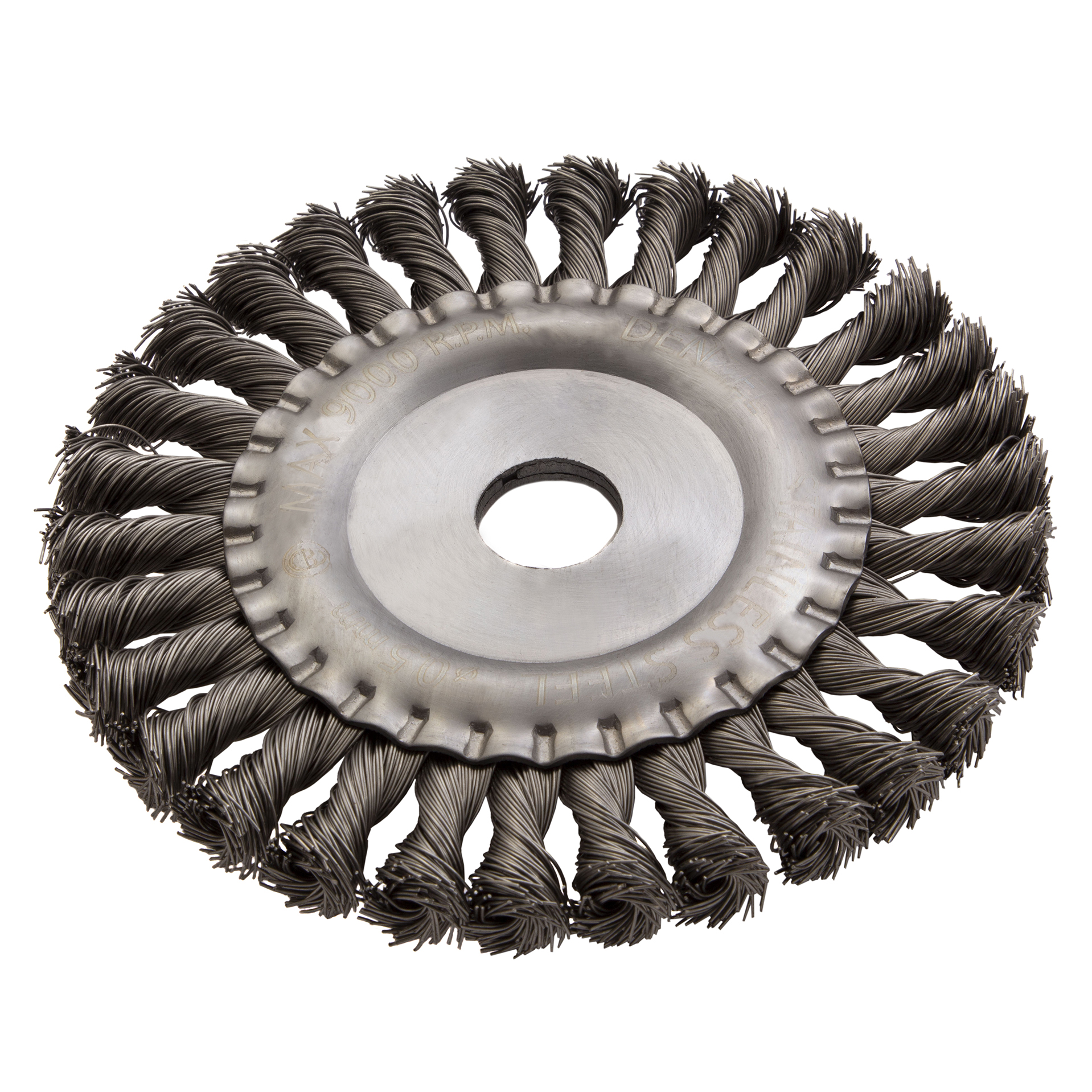 Щетка для УШМ, 150 мм, «Плоская», крученая нержавеющая проволока 0.5мм, посадка 22.2 мм Denzel