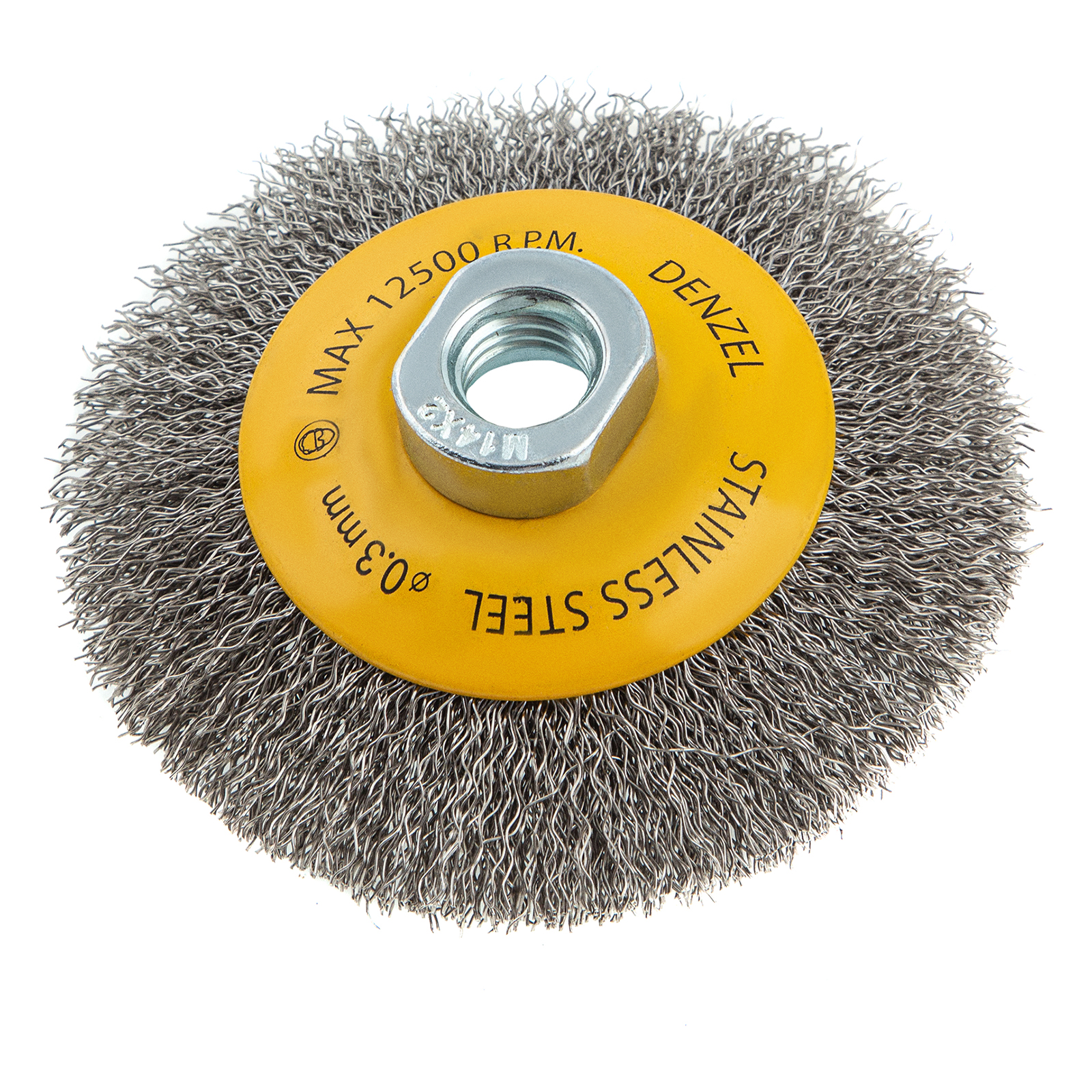 Щетка для УШМ, 100 мм, «Тарелка», витая нержавеющая проволока 0.3 мм, М14 Denzel