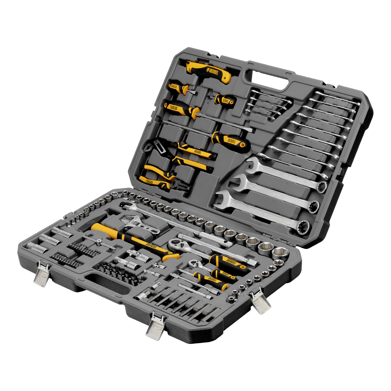 Набор инструментов, 1/2″, 1/4″, CrV, S2, пластиковый кейс, 122 предмета Denzel