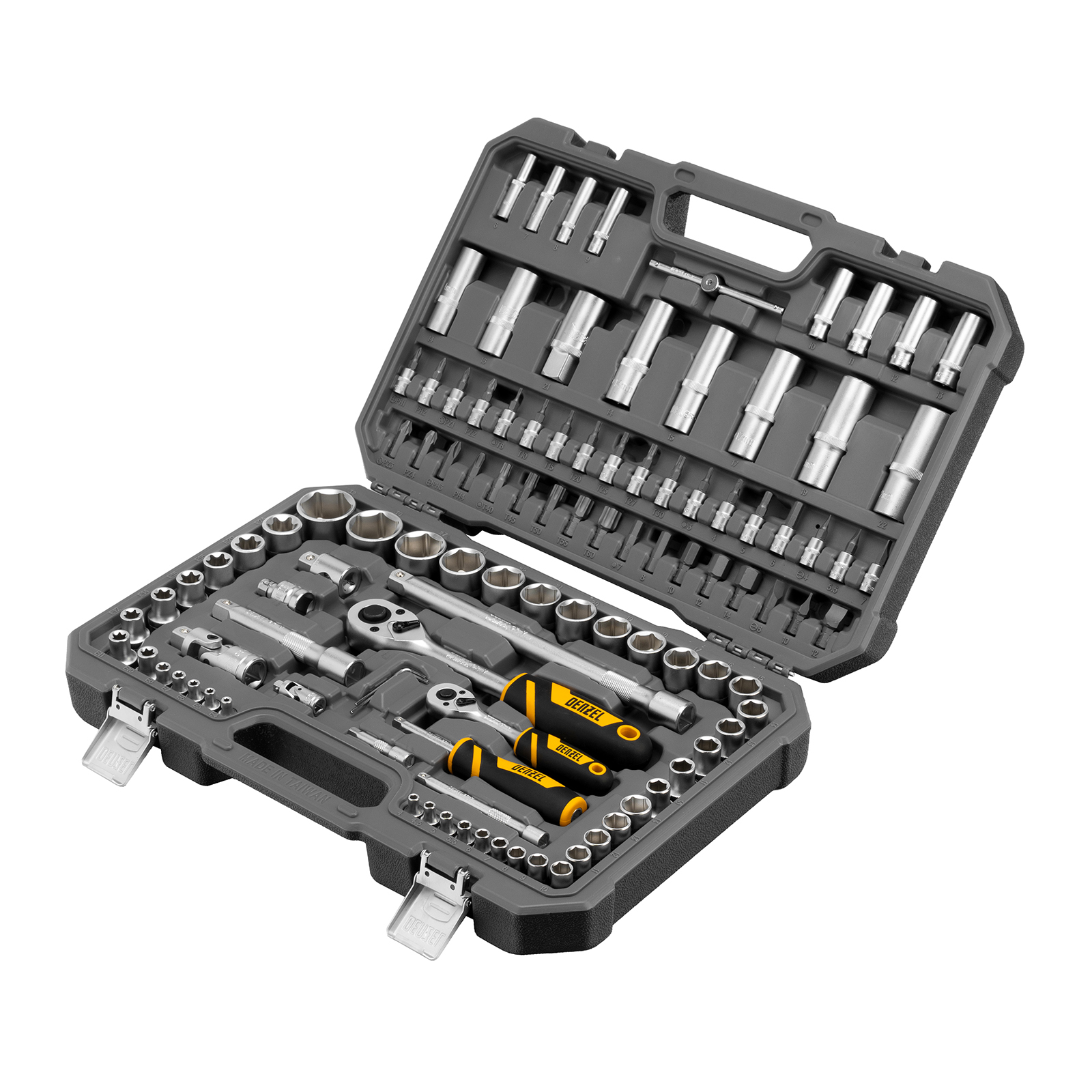 Набор инструментов, 1/2″, 1/4″, CrV, S2, пластиковый кейс, 109 предметов Denzel