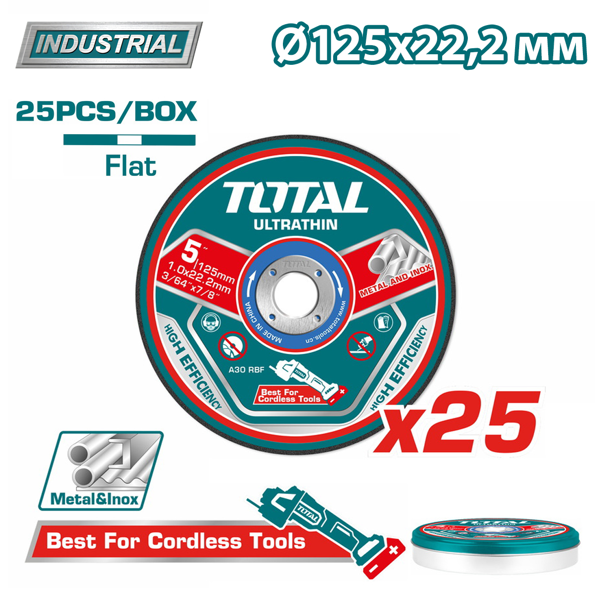 Круг отрезной 125×1,0x22,2 мм по нержавеющей стали TOTAL TAC21012525 (25 шт)