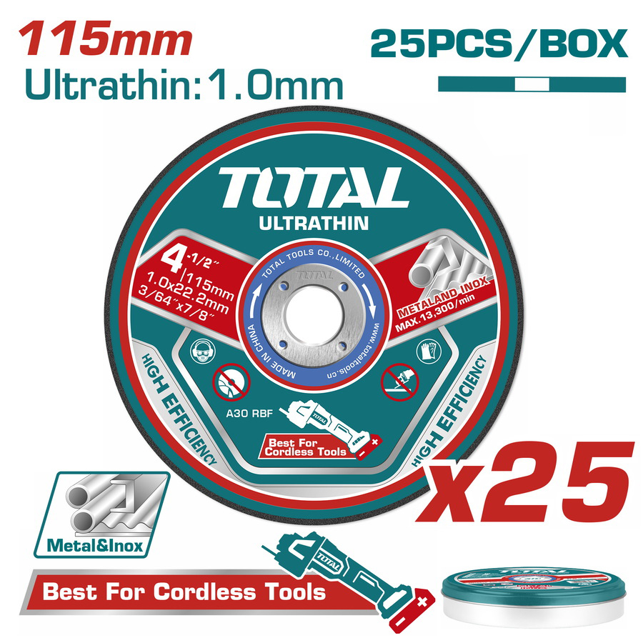 Круг отрезной 115×1,0x22,2 мм по нержавеющей стали TOTAL TAC11011525 (25 шт)