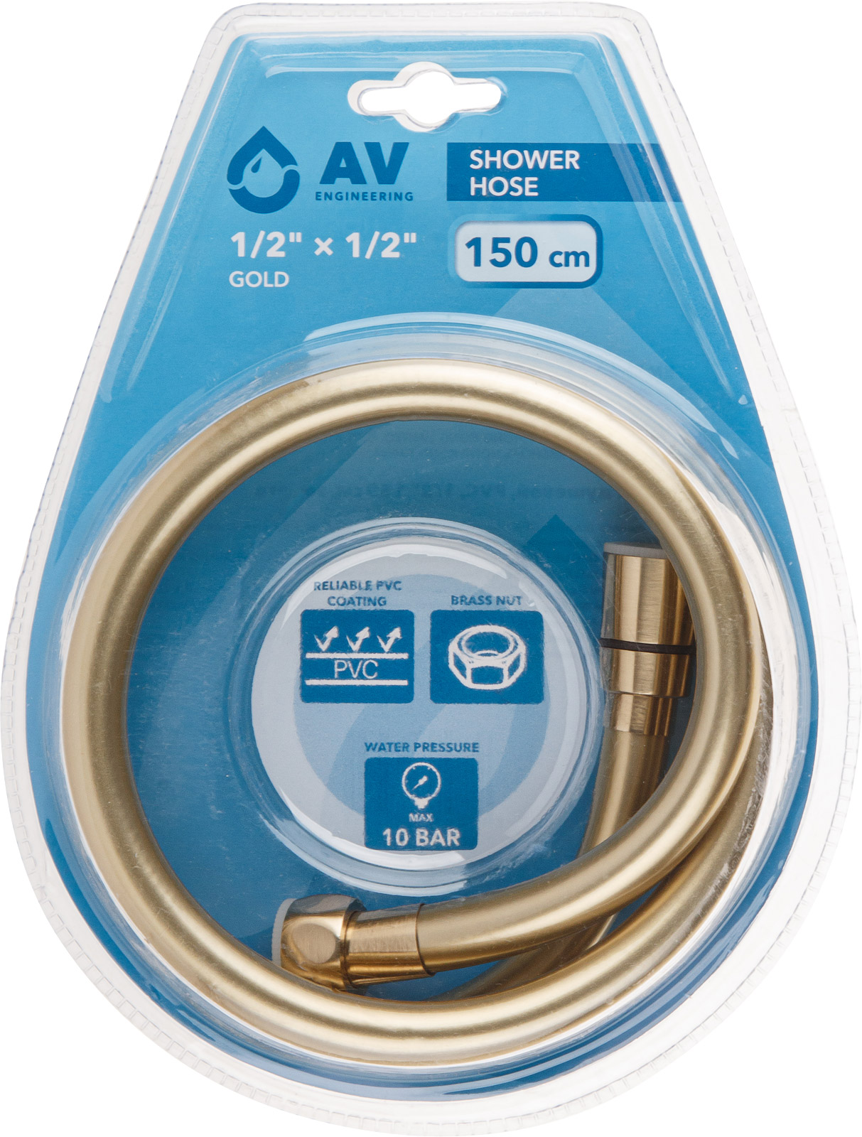 Шланг душевой, PVC, 1/2″ г-г 150 см, золото, AV Engineering