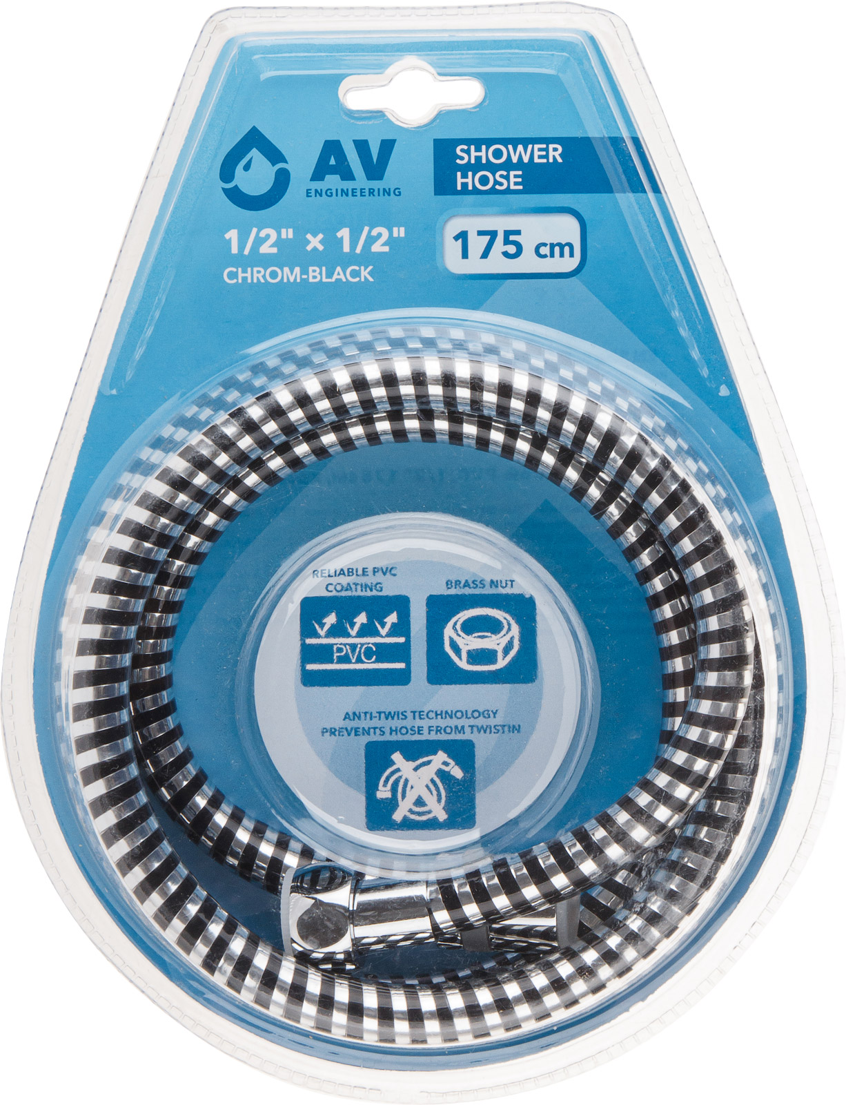 Шланг душевой, PVC, 1/2″ г-г 175 см, хром-черн., AV Engineering