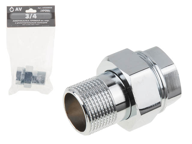 Американка прямая 3/4″ вн.-нар. ХРОМ, AV Engineering (инд. упак.)