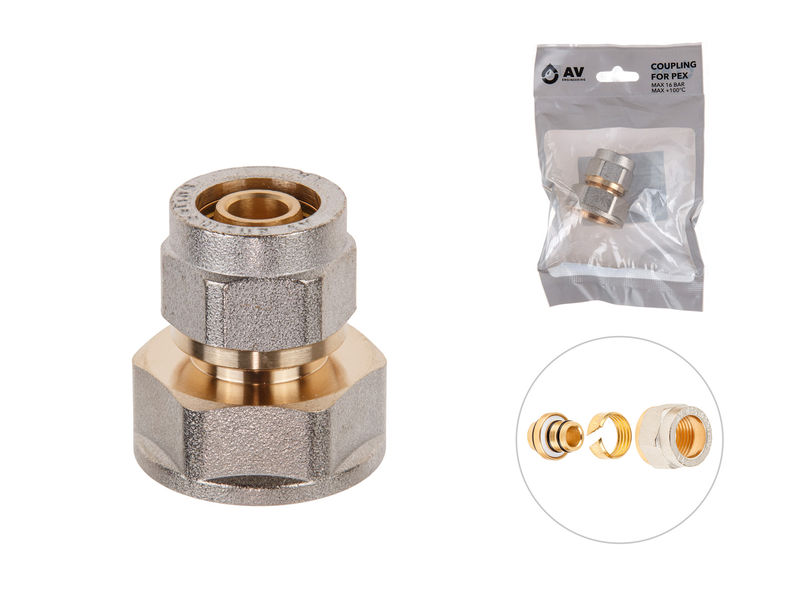 Муфта 16(2.0) х 3/4″ вн. для труб PEX, AV Engineering (инд. упак.)