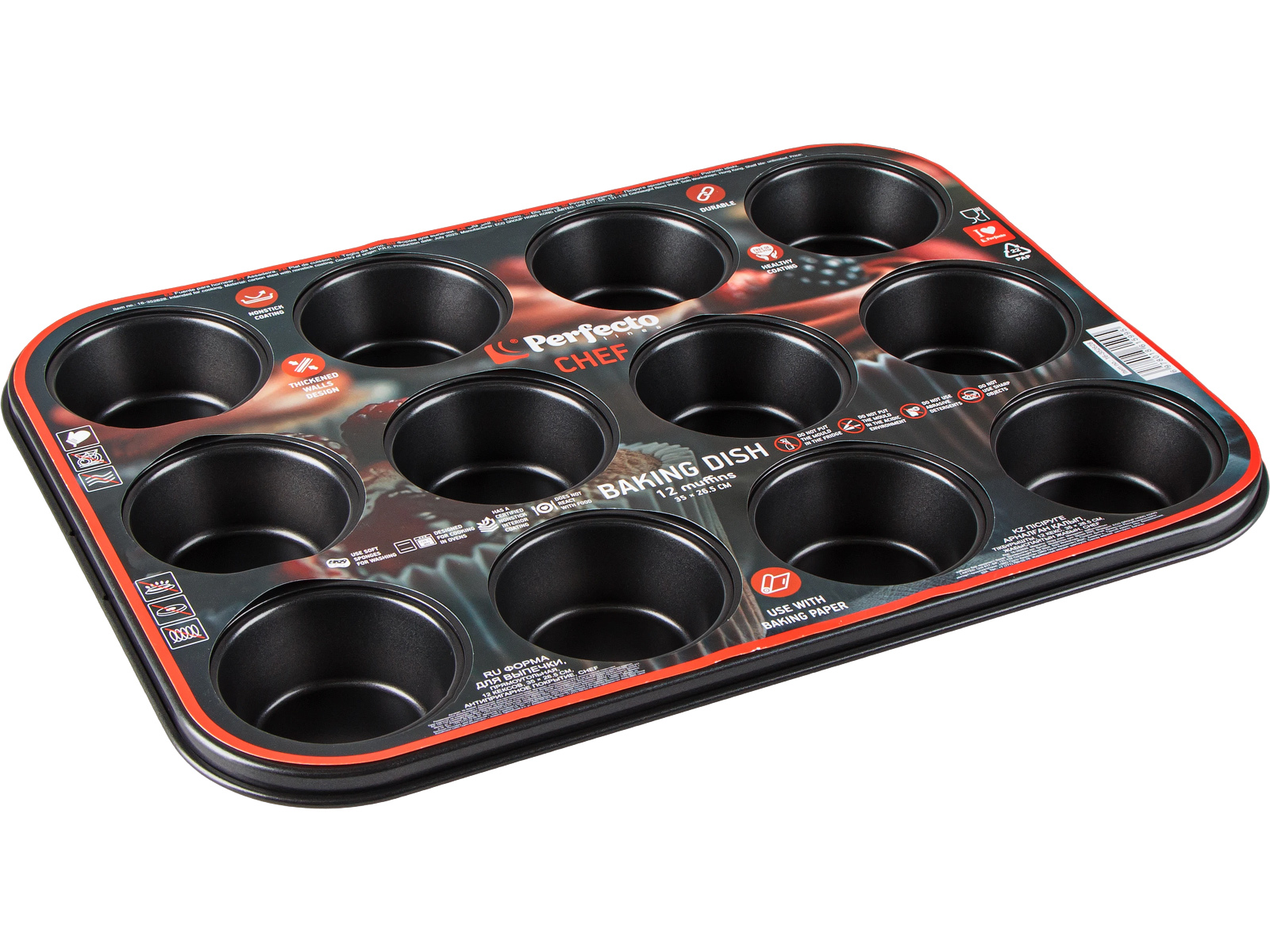 Форма для выпечки, прямоугольная, 12 кексов, 35х26,5 см, антипригарное покрытие,CHEF, PERFECTO LINEA