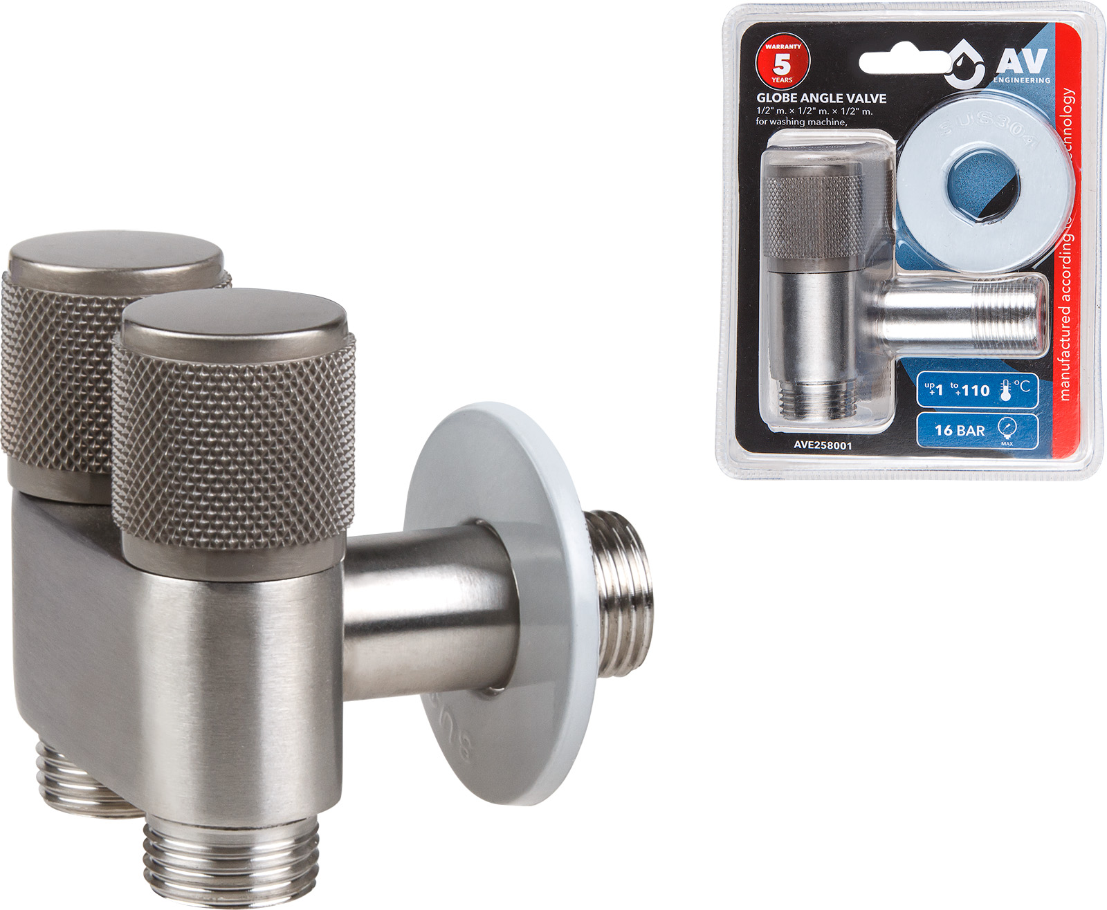 Кран вентильный угловой 1/2″ нар. Х 1/2″ нар. Х 1/2″ нар. установочный, AV Engineering
