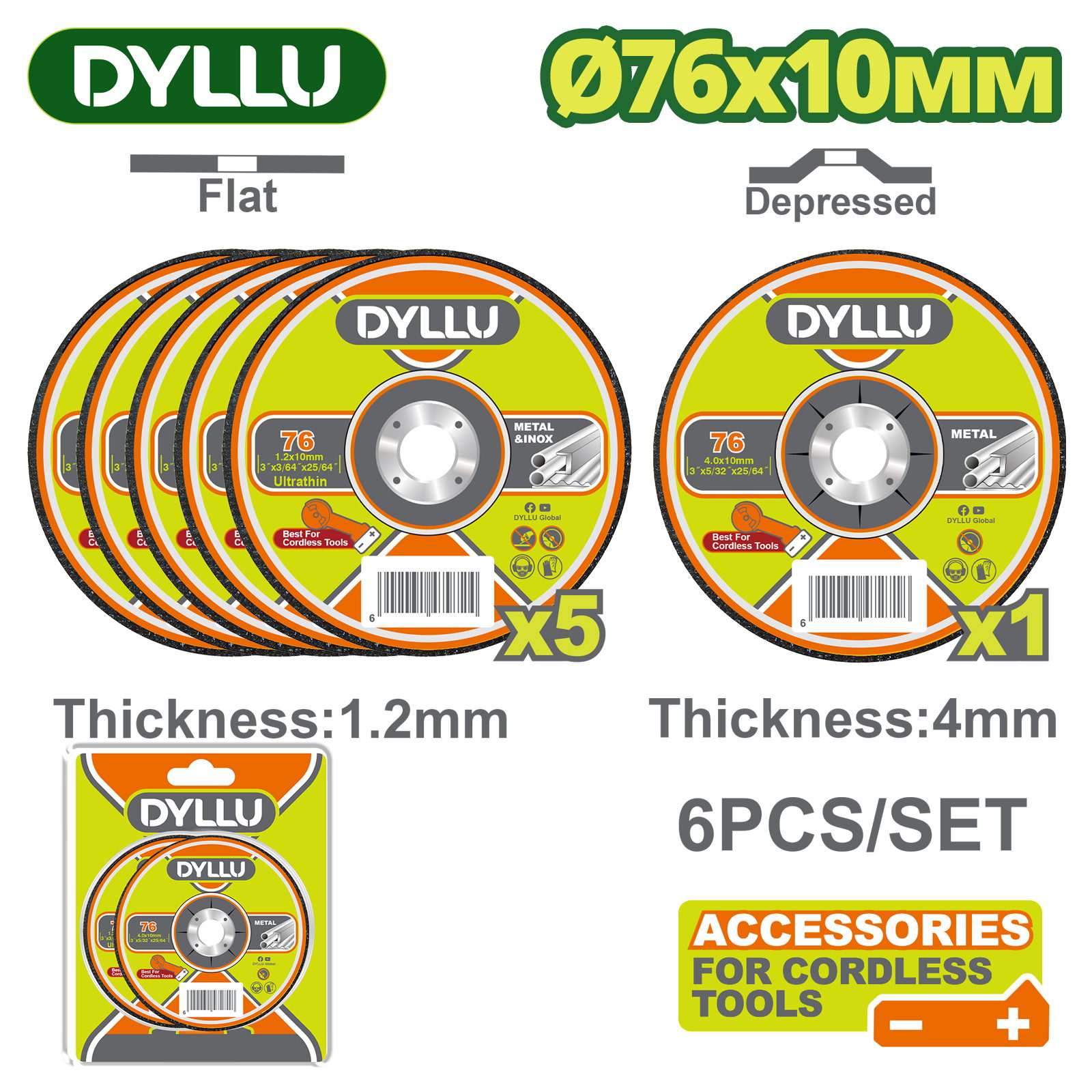 Круг отрезной 76×1,2×10мм,76×4,0x10мм по металлу DYLLU DTAC2L06 (6 шт.)