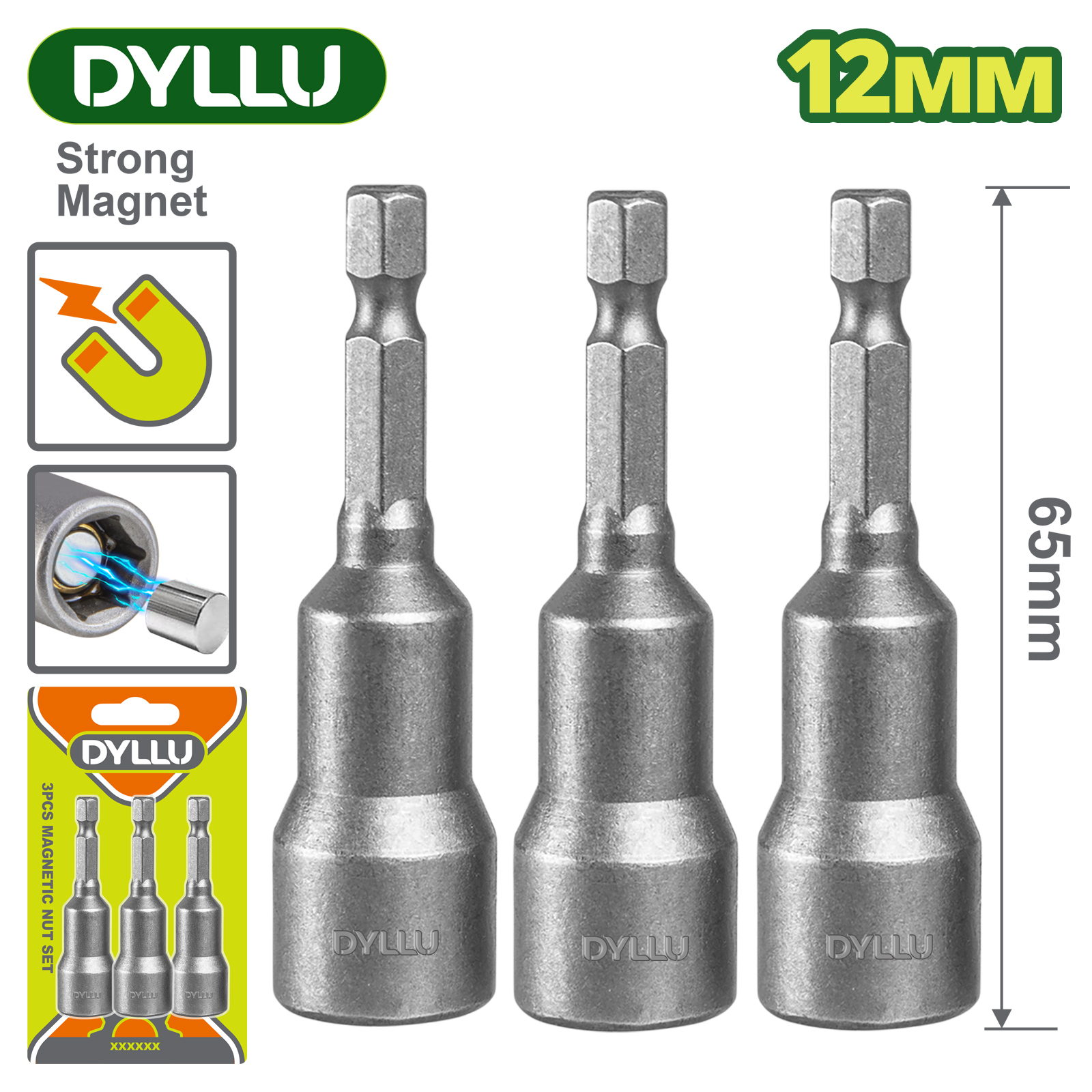 Торцевая магнитная насадка 12×65 мм DYLLU DTWR2K12 (3 шт.)