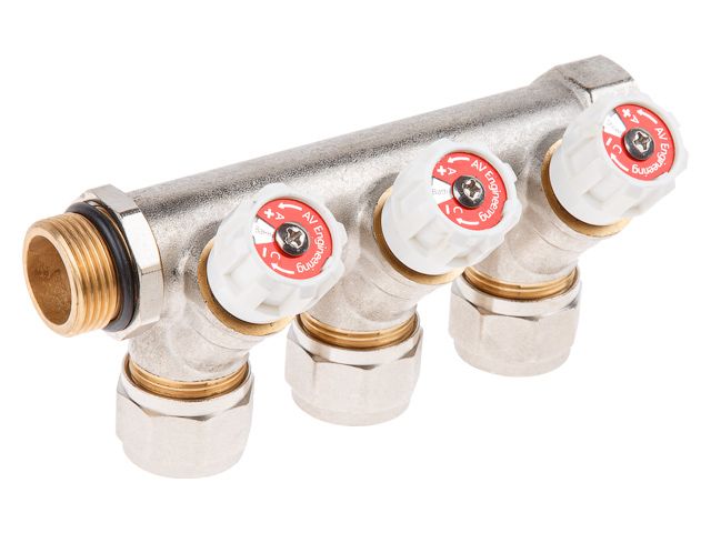 Коллектор с отсекающими вентилями, 3/4″ х 3 вых. (16 х 2.0), AV Engineering