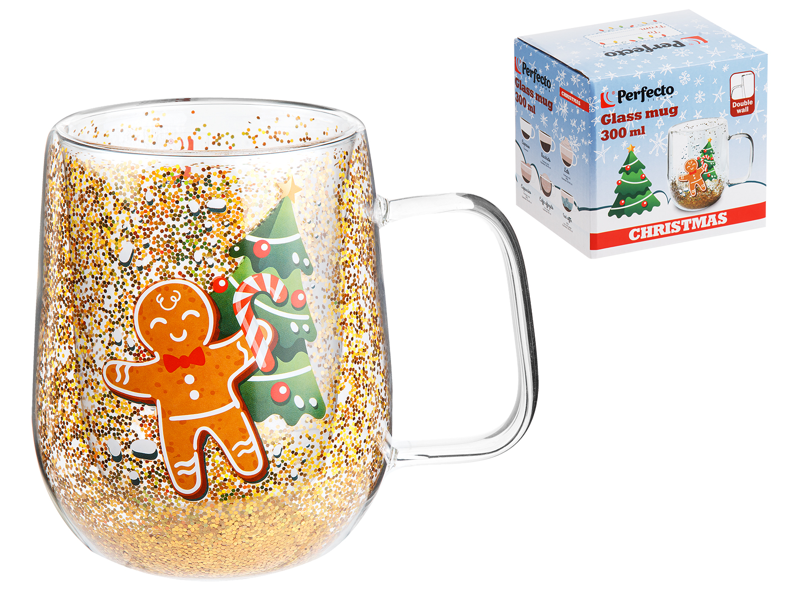 Кружка стеклянная с двойными стенками, 380 мл, серия CHRISTMAS-2, PERFECTO LINEA