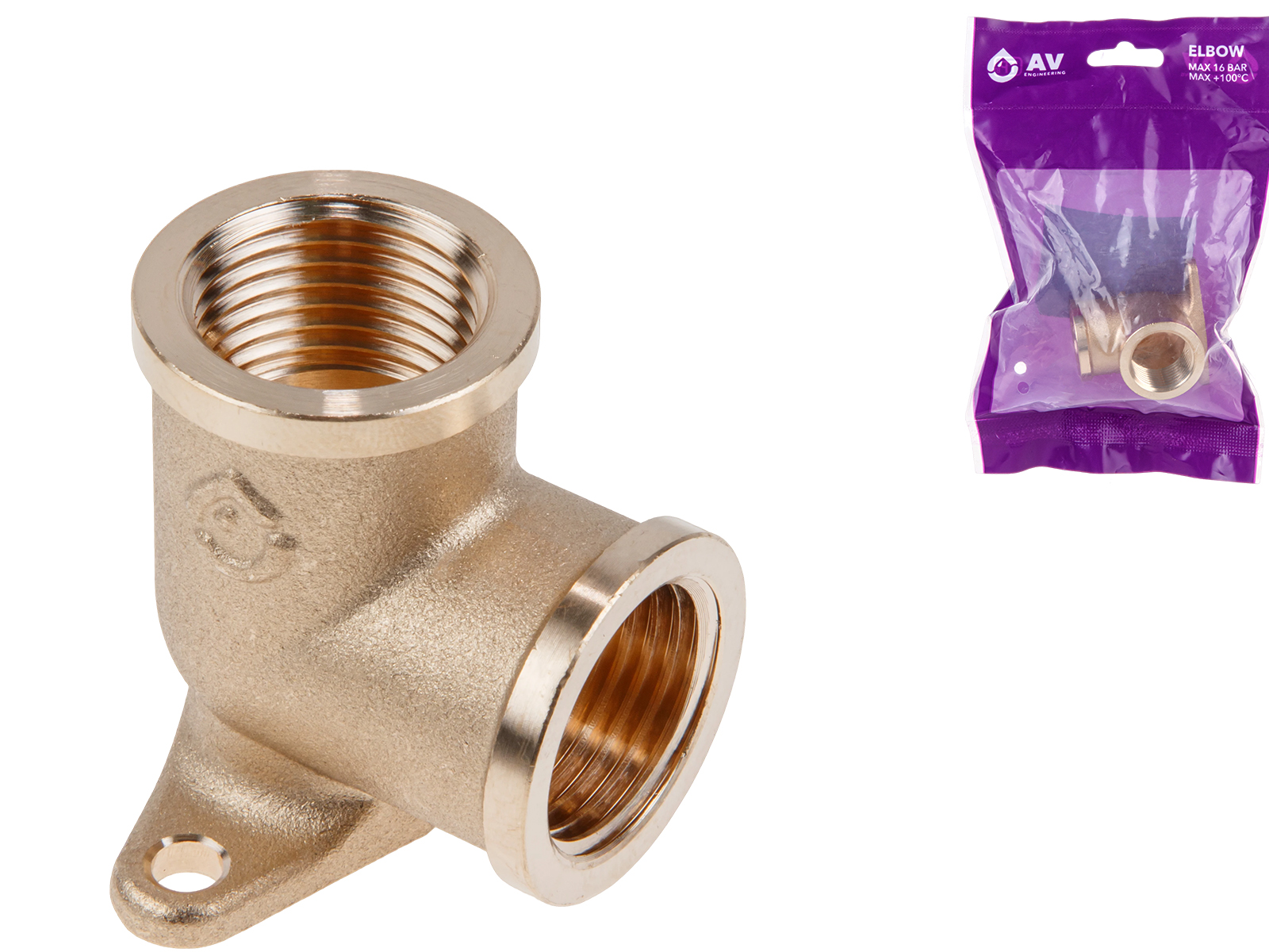 Колено 1/2″ вн.-вн. с креплением, AV Engineering (инд. упак.)
