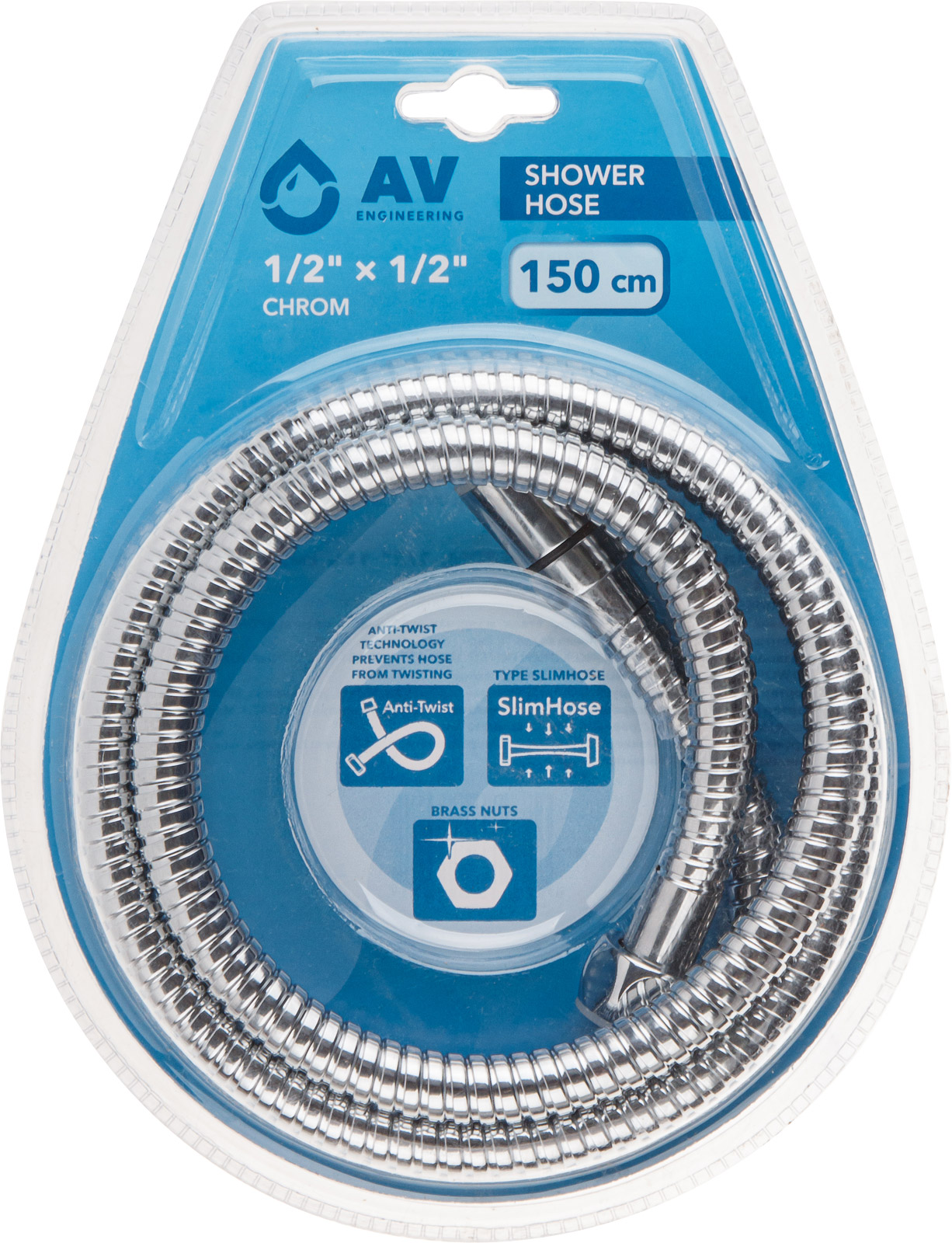 Шланг душевой SUS/EPDM, 1/2″ г-г 150 см, хром, anti-twist, AV Engineering
