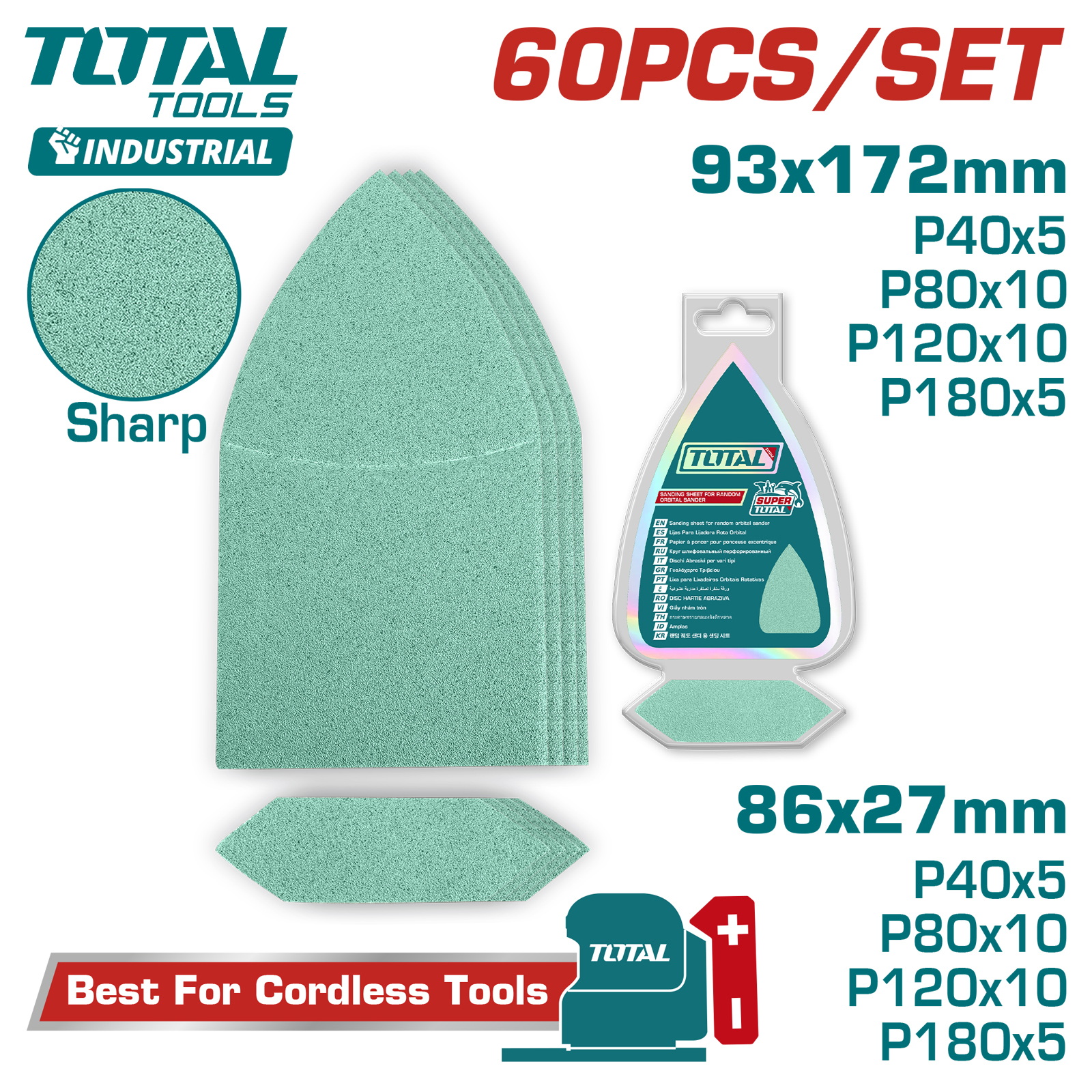 Набор шлифлистов 93х172мм, 86х27мм TOTAL TAC938660 (60 шт)