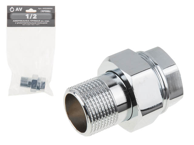Американка прямая 1/2″ вн.-нар. ХРОМ, AV Engineering (инд. упак.)