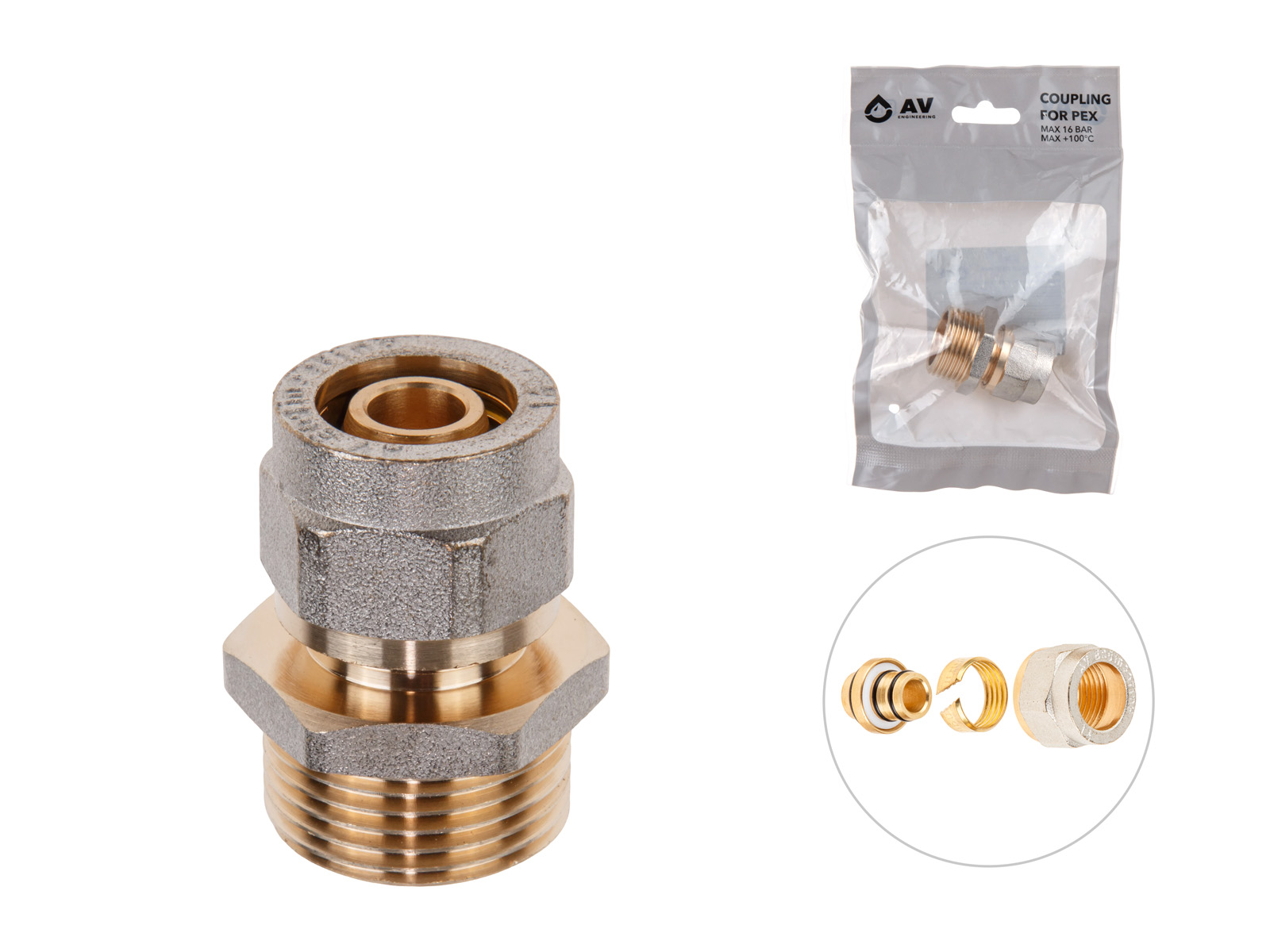 Ниппель 16(2.0) х 3/4″ нар. для труб PEX, AV Engineering (инд. упак.)