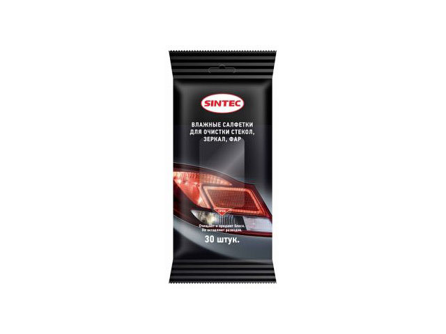 Салфетки влажные для очистки стекол, зеркал, фар SINTEC, 30 шт.