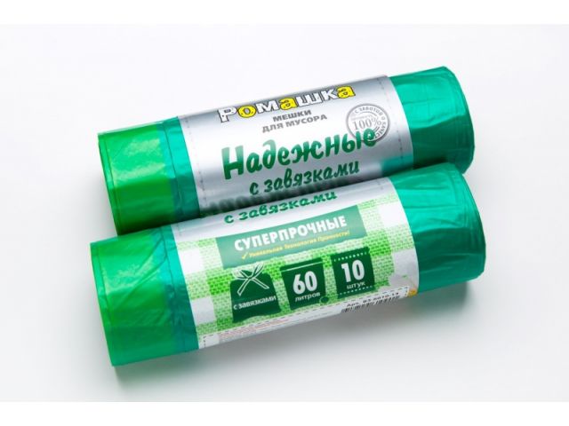 Мешки для мусора с завязками, 60 л, 10 шт, «НАДЕЖНЫЕ», зеленые, РОМАШКА