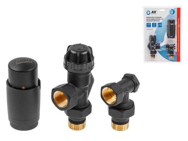 Комплект кранов осевой 1/2″ для радиатора Черный, AV Engineering (инд. упак.)