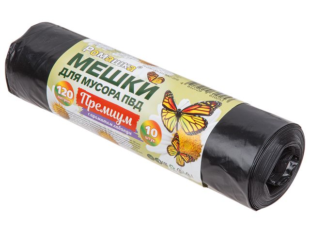 Мешки для мусора, 120 л, 10 шт, «Премиум», черные, РОМАШКА