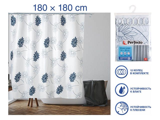 Шторка для ванной (12 колец в комплекте), 180×180 см, Harmony, цветы, PERFECTO LINEA